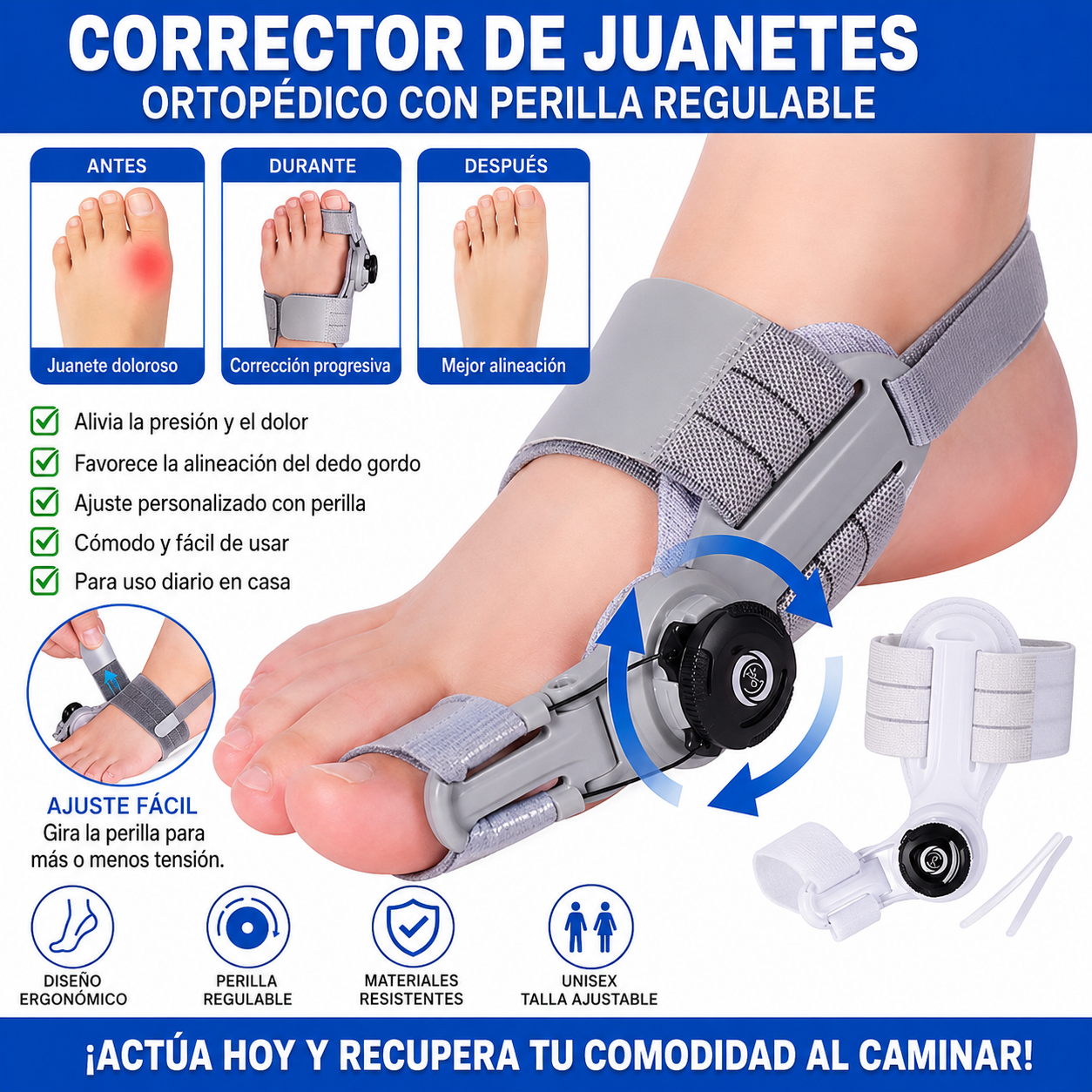 Corrector de juanetes ortopédico con perilla regulable - Alivia el dolor y corrige los juanetes desde casa